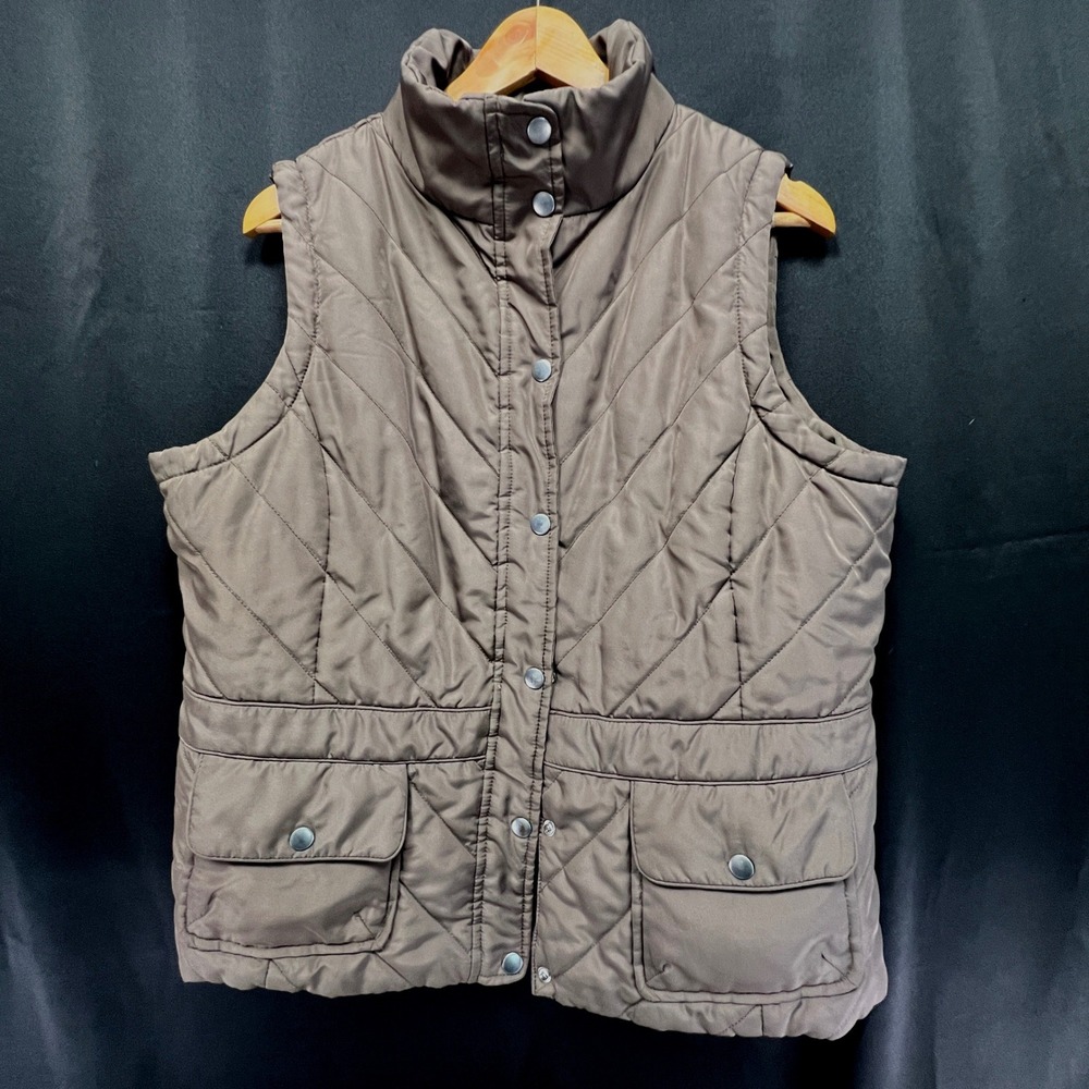 Izod Mens Brown Taupe Quilted Puffer Vest Snap Front Cargo Pockets Large L